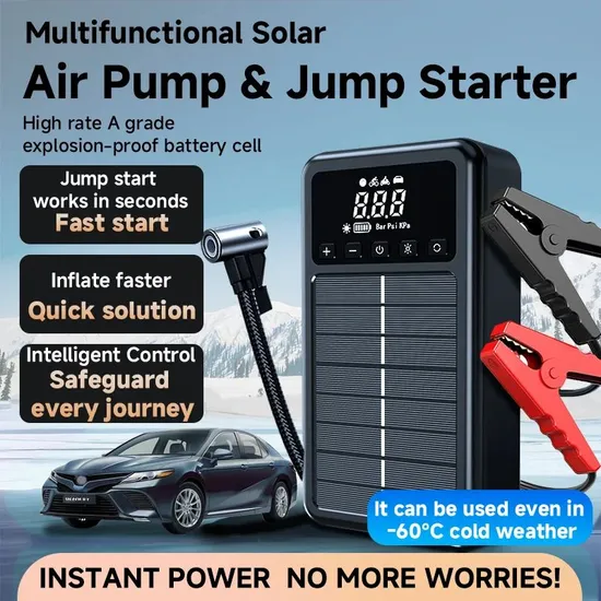 Portable Household 150psi Car Air Pump Jump Starter Wireless Solar Energy Rechargeable Air Compressor Jump Starter LED Light Power Bank Tire Inflator 